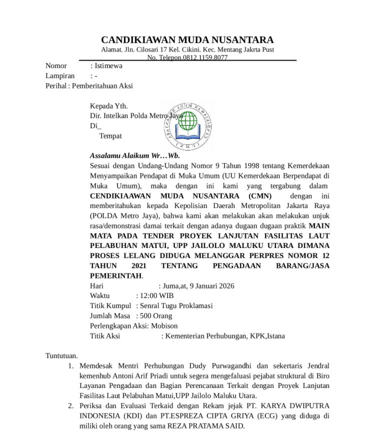 CMN Akan Gelar Aksi Damai di Jakarta, Soroti Dugaan Main Mata Tender Proyek Pelabuhan Matui