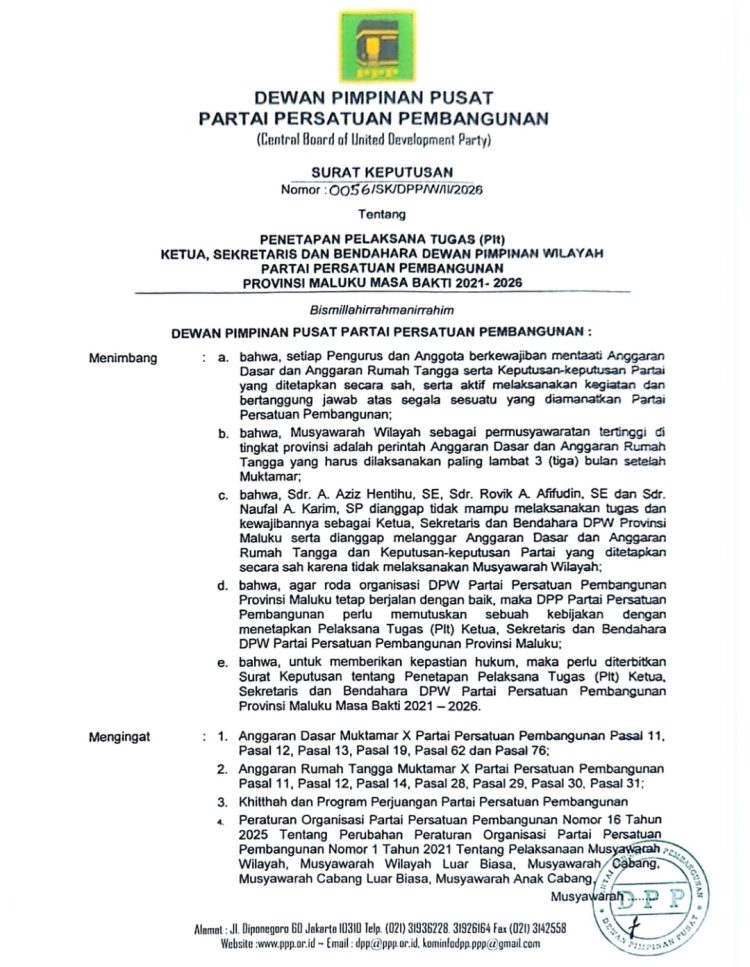 Langgar AD/ART, Aziz, Rovik dan Noval Tumbang; Ini Susunan KSB PPP Maluku Terbaru